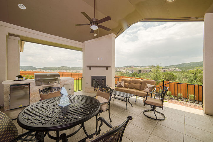 Sweetwater builders offer outdoor living areas large enough for both sitting and dining arrangements. Walls of windows bring the views inside to almost every room.